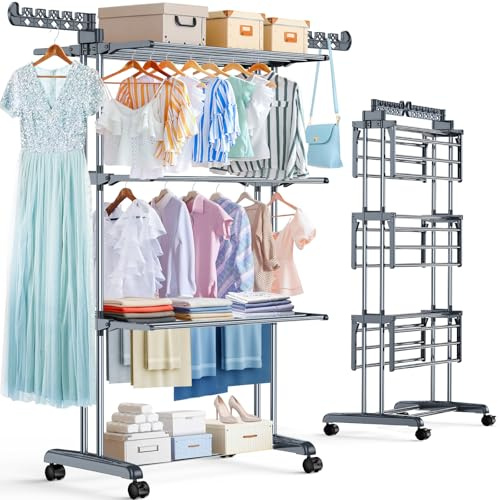 PurKeep Thicken & Durable Clothes Airer, Extra Large 4-Tier Capacity Foldable Clothes Drying Rack with Wheels, Stainless Steel Clothes Horse for Indoor/Outdoor Use in Bedroom, Laundry Room