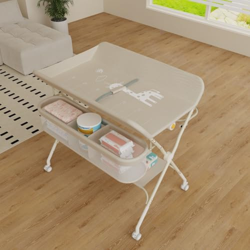 Commode à langer pliable pour bébé,Table à langer mobile avec ceinture de sécurité et compartiments de rangement,Combinaison à langer,Nés Design Ergonomique-75 x 68 x 83-91 cm (Blanc)