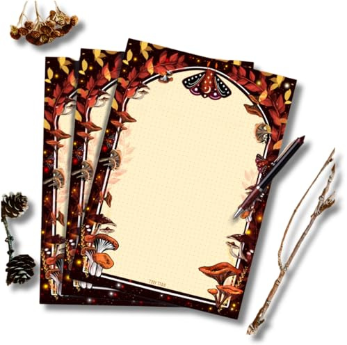 Romantisches Gothic Briefpapier mit Motten und Pilzen beidseitig bedruckt 20 Blätter DIN A4 gedottet 90 g Premium Papier für kreative Briefe & Notizen