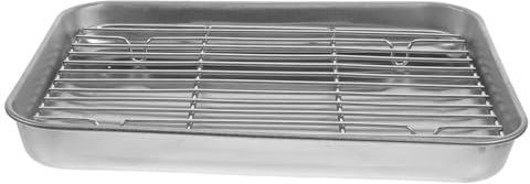 Bandeja de Acero Inoxidable Rectangular para Pavo con Filtro de Aceite | Plata, Base Plana y Rejilla, Distribución Uniforme del Calor, Limpieza Fácil, Uso para Hornear y Freír