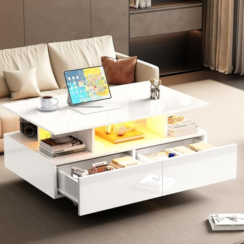 OKMYHOME Table Basse avec LED, 2 Tiroirs et Rangements Intégrés - Plateau Laqué Haute Brillance - Blanc - 90×55×41 cm