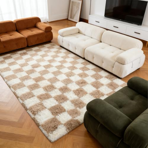Rutig fluffig matta med hög lugg, tvättbar matta, vardagsrum, halkfri matta, modern shaggy mjuk stora mattor, mattor för sovrum, barnrum, 140 x 200 cm (beige och vit)