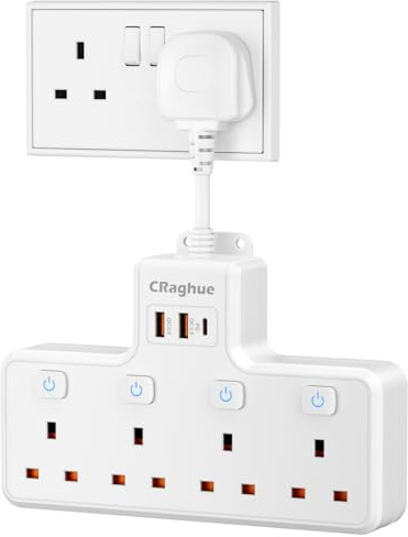 Multi Plug Extension Socket 4 Way with Flexible Plug, 4 Gang Small Short Extension Lead with Independent Switches, for Home, Office, Kitchen, Multiplug Wall Socket Extension, White