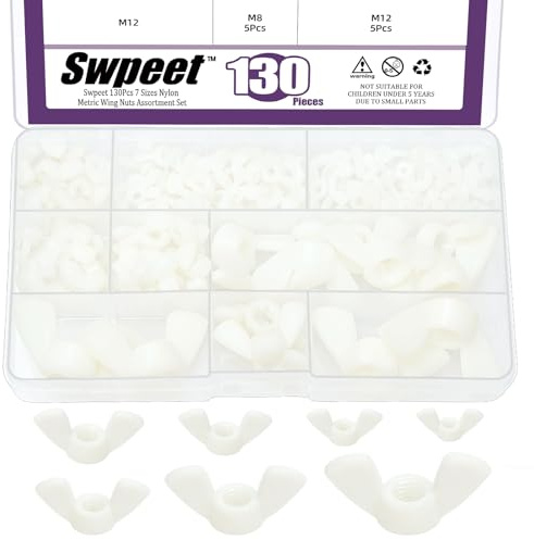 Swpeet 130pcs 7Sizes M3 M4 M5 M6 M8 M10 M12 Metrische weiße Nylon-Flügelmuttern Schmetterlingsmutter Sortiment-Kit, Hand-Drehung Straffen Sie Ohr Schmetterlingsmutter Kunststoffbefestigungsmutter