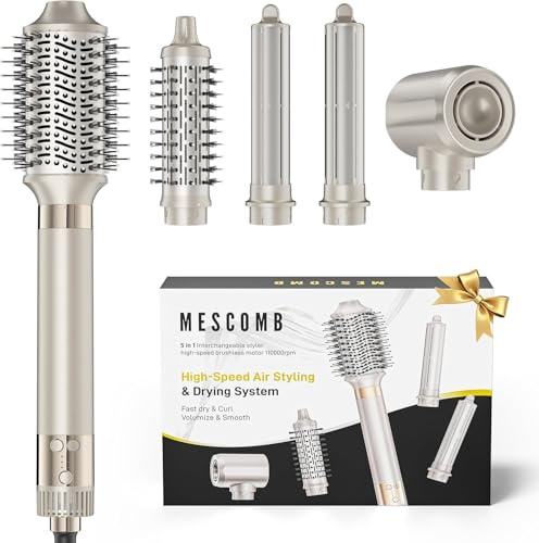 MESCOMB 5 in 1 Airstyler – Hairstyler mit Hochgeschwindigkeit, Rundbürstenföhn & Auto-Wrap Lockenstab, Ohne Hitzeschäden, Schnelltrocknend, für Volumen, Locken und Glätten