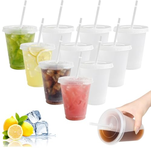 Lekeeu Plastikbecher mit Deckel und Strohhalm 10 Stück Kunststoffbecher mit Deckel und Strohhalm 475ml/16oz Wiederverwendbare Eiskaffee Smoothie Becher Milchshakes für Camping-Geschirr Partys Strand