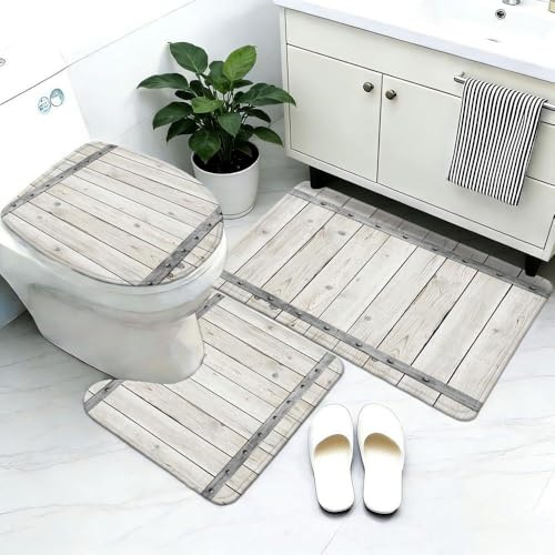 Tappeti Bagno 3 Pezzi Grigio Bianco Set Tappetini Bagno Antiscivolo Giro Water O Bidet Un Tappeto Rettangolare Tappeto A Forma Di U E Coperchio Del Wc Lavabile 40X60Cm
