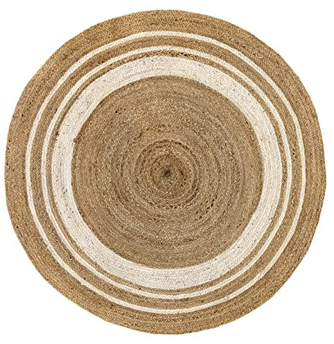 HAMID Alfombra Yute Alhambra Color Natural Greca Blanca Redonda, Alfombra 100% Fibra de Yute, Tejida a Mano, Alfombra de Salón, Dormitorio, Pasillo, (150x150cm)