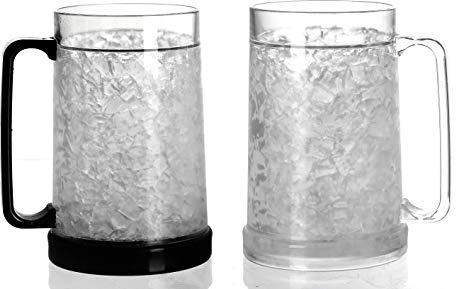 EASICOZI Double Wall Gel Frosty Freezer Ice Mugs Clear 16oz Set of 2 (Black and White)