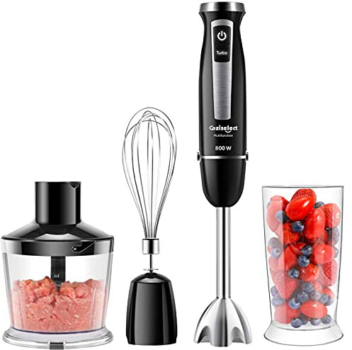 Coziselect Elektrische Stabmixer Set 4 in 1, 800 Watt Edelstahl Multifunktions Stabmixer, Elektrische Stabmixer mit 600ml Mixbecher 500ml Lebensmittelhacker für die von Salaten Suppen Mixer