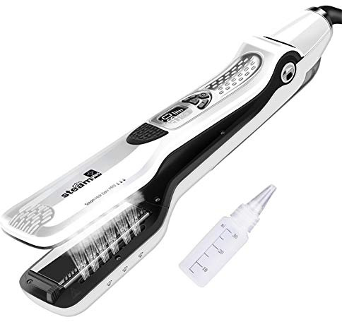 Professional Salon Steam Hair Straightener, Nano Titanium Ceramic Steam Flat Iron with Removable Comb+Digital LCD+5 Level Adjustable Temperature+Auto Temperature Lock, White