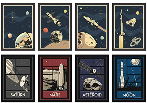 The Lazy Panda Card Company Weltraum Poster Set - 8 x A4 Vintage Universum Mit Kleinen Und Großen Astronauten