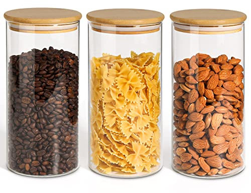 ComSaf 1.4L Glass Storage Jars with Lids Set of 3 - High Borosilicate Glass Airtight Kitchen Food Canisters Cylinder Clear Preserving Seal Containers with Lid for Canning Cereal,Pasta,Spices