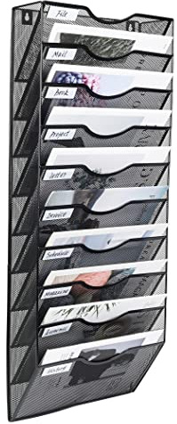 PAG 10 Ebene Hängender Zeitschriftenständer,Wandorganizer Geeignet für Büro/Studium/Zuhause,Metall Postsortierer Literaturregal Lagerung von Zeitschriften/Briefen/Dokumenten,Schwarz