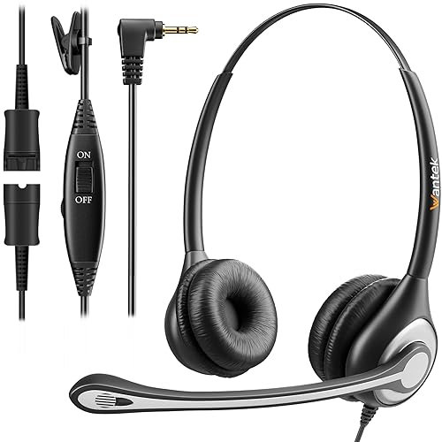 Wantek 602F Headsets mit Mikrofon 2.5mm Kopfhörer mit Quick-Disconnect Stecker für Telefon AT&T Ciscco Gigaset Grandstream LG Panasonic Polycom Uniden Vtech Zultys