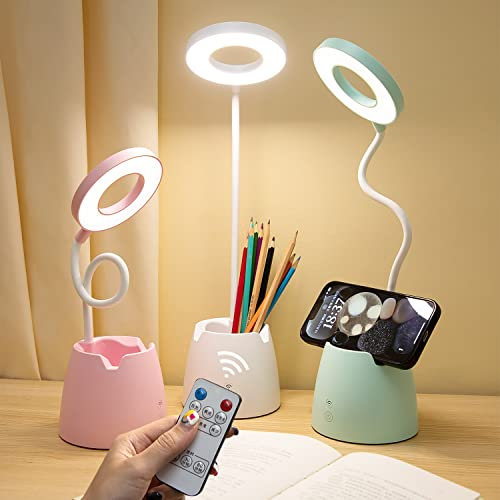 Lampada da Scrivania con Controllo Remoto e Temporizzazione, Luce da Scrivania Senza Fili Ricaricabile di Grande Capacità da 4000 mAh, Dimmerabile Lampada da Tavolo con Portapenne e Portatelefono