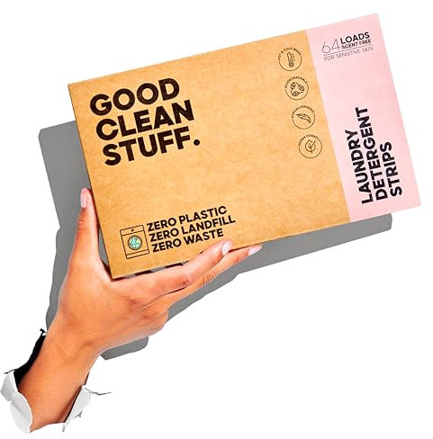 Good Clean Stuff Hypoallergenic Laundry Detergent Strips Sheets 64 loads Eco Ultra-Concentrated Non-Bio Fragrance Free & Unscented for Machine and Hand Washing