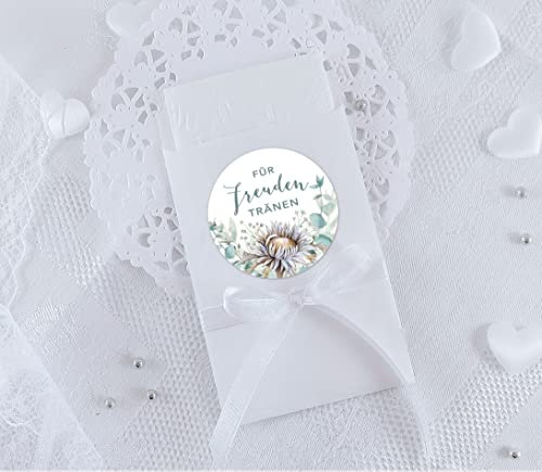 Set Freudentränen Eukalyptus Trockenblumen weiß grün zur Hochzeit 48 Sticker Aufkleber + 48 Flachbeutel 63 x 93 mm für Taschentücher Verpackung (Tüten + Sticker Eukalyptus grün weiß)