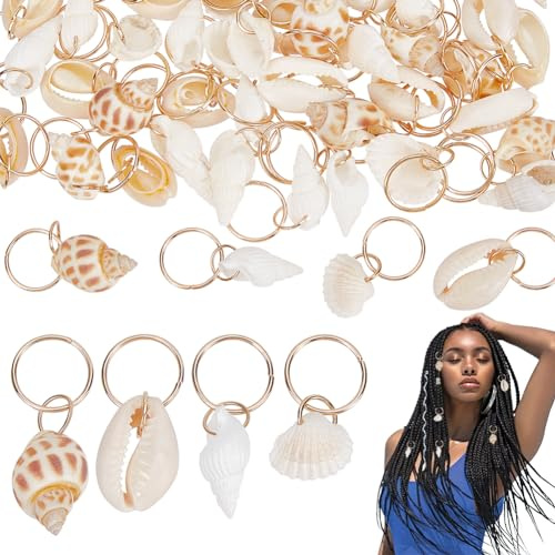 PLIGREAT 60 Pcs Seashell Hair Rings for Braids, Conch Dreadlock Charm Bulk Hair Braiding Decor Beach Style Braided Hair Ornament Decorative Hair Clip for Dreadlock Jewellery Making DIY Craft