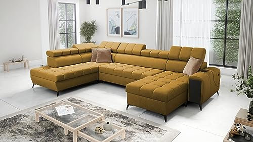 All4All Ecksofa mit Schlaffunktion Gonti VI 360x217 cm - Schlafsofa mit Bettkasten - Sofa in U-Form - Wohnlandschaft XXL Sofa - Eckcouch Groß - Seite Rechts - Gelb - Gewebe - Modern 26
