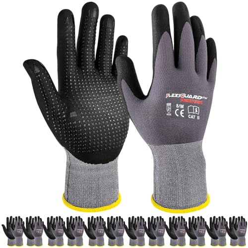 Gasoline Safety Work Gloves Extra Micro-Foam Nitrile Coated-12 Pairs,Endurance Seamless Knit Nylon Spandex,Dots on Palm, Dot Grip Gloves，Work Gloves Men and Women (12, M)