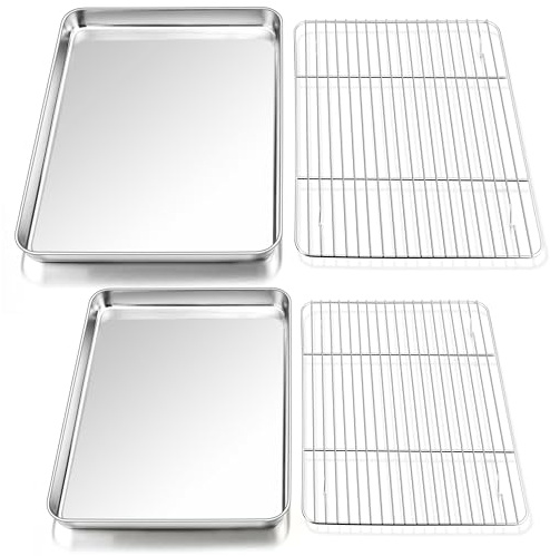 P&P CHEF 16 + 12.5 Inch Stainless Steel Baking Sheet with Rack Set (2 Pans+ 2 Racks), Cookie Sheets Baking Trays and Cooling Wire Racks, Oven & Dishwasher Safe, Pans with Flat Racks