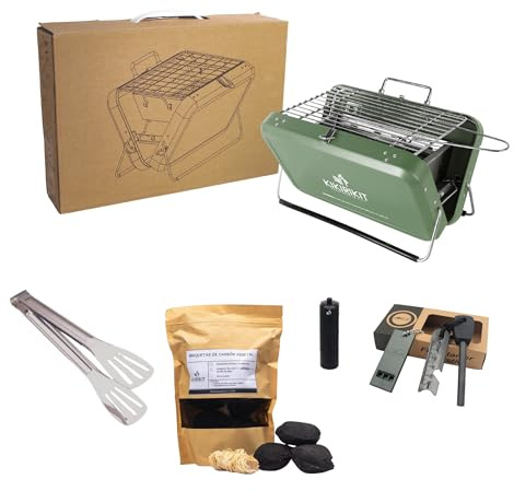 KIKIRIKIT Barbacoa de carbón, barbacoa portátil con accesorios, kit de barbacoa, accesorios para caravana, regalo original, regalos para padres (verde cazador, súper kit)