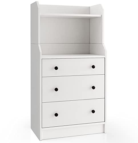 COSTWAY Wooden Chest of Drawers, 3-Drawer Dresser with Shelves & Anti-Tipping Device, Freestanding Storage Cabinet Chest Cupboard Organiser Unit for Bedroom, Living Room, Closet and Hallway (White)