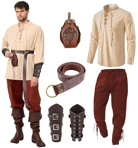 Ulikey Set di Abbigliamento Medievale da Uomo, Set di Costumi Medievali Rinascimentali da Uomo Con Camicia Classica Medievale, Pantaloni Medievali, Cintura, Protezioni Accessori (Beige Marrone, L)