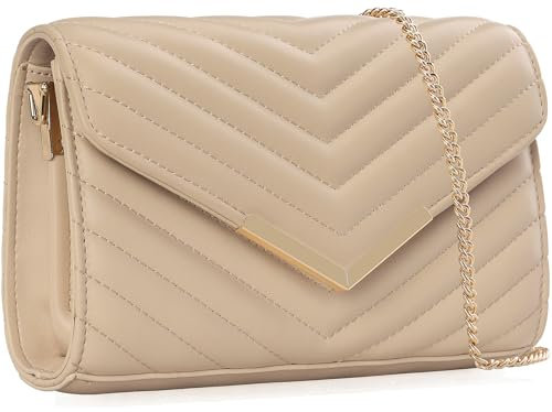 DEXMAY Damen-Clutch, modisch, gesteppt, veganes Leder, Umschlagtasche, Abendhandtasche, Crossbody-Tasche mit Ketten-Schultergurt, Hautfarben, Medium
