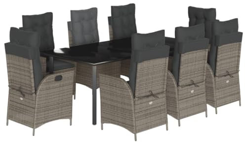 HETFTJN Eckbank Mit Tisch Bierzeltgarnitur Balkon Set Wohnzimmer Möbel - 9-TLG. Garten-Essgruppe mit Kissen Grau Poly Rattan für Café Terrasse Garten Hof