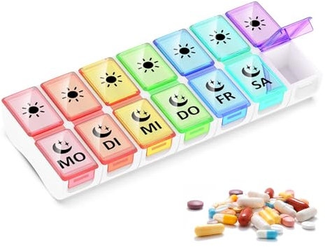 GeekerChip Tablettenbox 7 Tage 2 Fächer,Pillenbox Medikamentenbox 7 Tage,Pillendose Morgens Abends 14 Fächer Abnehmbar Wöchentlicher Medikamentendosierer Pillenbox(Multicolore)