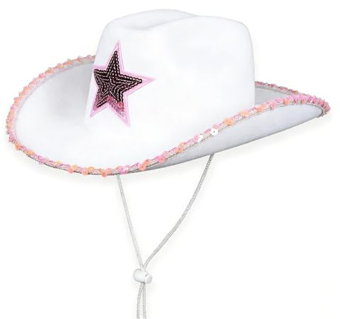 Henrrida White Felt Cowboy Hat with Pink Sequin Stars, Retro Wide Brim Western Cowgirl Hat
