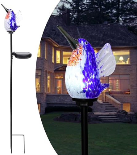 Afirst Decorative Solar Lights Outdoor Solar Hummingbird Stake Lights Hand Blown Glass Decorative Garden Pathway Light Outdoor Waterproof Glass Stakes Blue