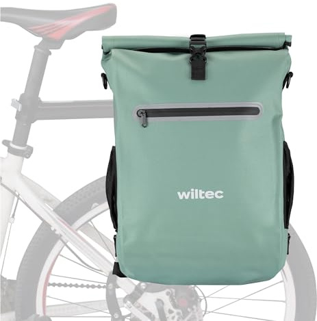 WilTec Bolsa versátil para Bicicletas 20 L Verde Resistente a la Lluvia con Compartimento para portátil fácil instalación en portabultos Ideal para Ciclistas urbanos y excursiones