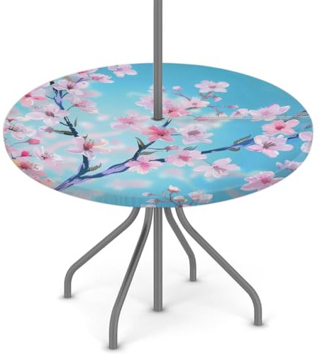 Woltant Tovaglia rotonda con foro per ombrellone e cerniera, facile da pulire, con bordi elastici, protezione per tavolo da giardino, patio, barbecue (rami di ciliegio)