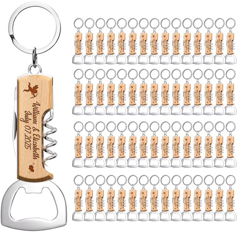 60 STÜCK Personalisierte Multifunktionale Holz Flaschenöffner, Maßgeschneiderte Gastgeschenke für Hochzeiten Geburtstagspartys, Gravierte Flaschenöffner-Schlüsselanhänger für Gäste