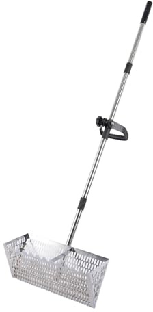 Rastrillo grande de acero inoxidable para pulgas, rastrillo de arena de playa con mango desmontable de 140 cm de largo y cesta de 40 x 18 cm, dientes afilados y anchos para tamizar arena de playa