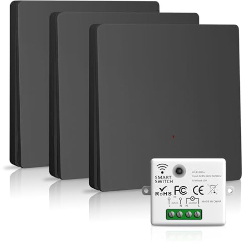 Juego de interruptores de luz inalámbricos con interruptor de pared, interruptor y receptor inalámbrico 2200 W/10 A, interruptor inteligente 2,4 G, 230 V, negro 3 + 1