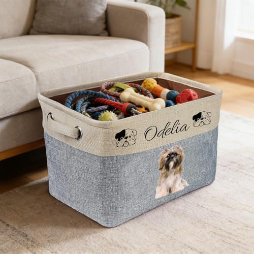 Personalisierter Haustierkorb, Aufbewahrungsbox, Spielzeugkiste für Hunde | Faltbare Hundespielzeugbox mit bequemen Griffen; Personalisierbare Foto-Aufbewahrungsbox, Hundespielzeugbehälter
