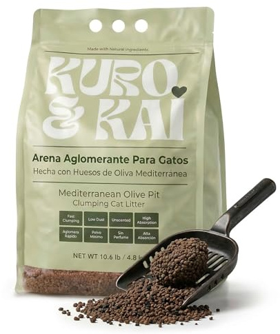 KURO & KAI Arena Natural para Gatos de Hueso de Oliva – Aglomerante, Sin Perfume, Carbón Activo, Poco Polvo, 4,8 kg