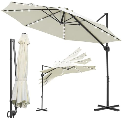 ISOISL Solar LED Sonnenschirm 300 cm Ampelschirm 3m, 360° drehbar, 28 LEDs, Gartenschirm mit Kurbel, 0-60° neigbar, UV50+, 8 Rippen, 48mm Mast, Kreuzfuß, für Terrasse Garten, Beige