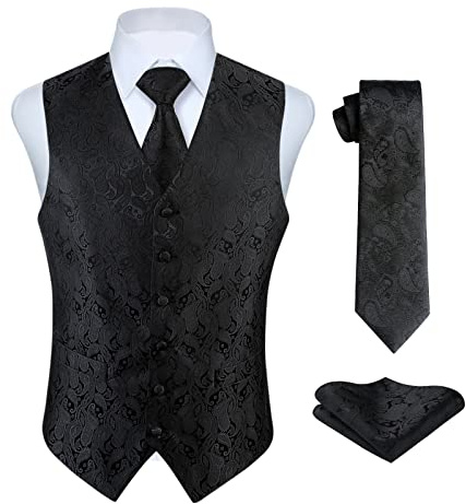 HISDERN Klassisk, blommig, paisleymönstrad jacquard-väst och slips för män, kostymväst med slip och fyrkantig ficka, 3XL