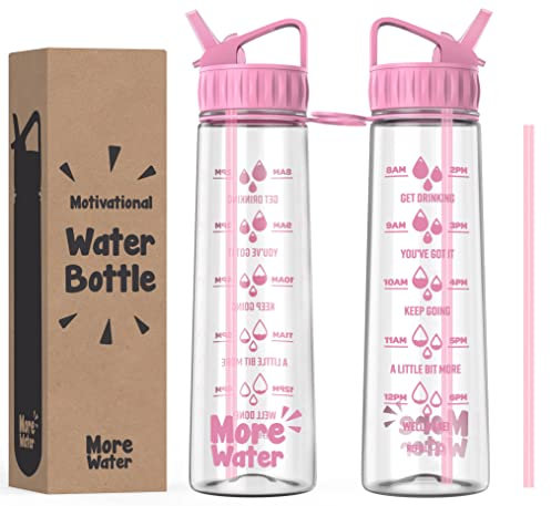 More Water Bottle With Straw, Motivational Time Markings 900ml - Drinking Tracker Bottles - Times to Drink - BPA Free Sports Bottles