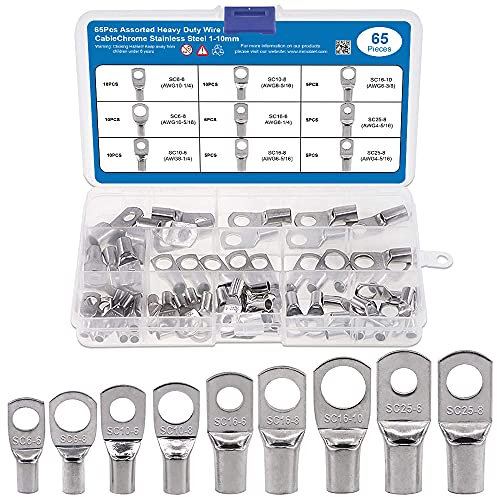 MMOBIEL 65PCS Assortment Battery Cable Ends Heavy Duty Wire Lugs (AWG) Bolt Hole Tinned Copper Connector Set-Wire Cable lugs Ring Battery SC Terminals Set Marine Grade Cold-Pressed Crimp Type