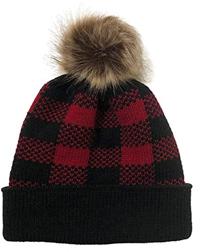 PAIDAXING Strickmütze Damen Kariert Hüte Wintermütze mit Bommel Beanie Neverless Damenmütze Bommelmütze Elastisches Kaschmir Mütze