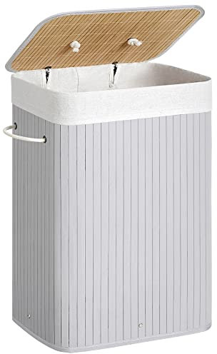 SONGMICS Cesta Portabiancheria con Coperchio, 72 L, Cesto Porta Biancheria in Bambù, Pieghevole, Sacco Rimovibile e Lavabile in Lavatrice, Maniglie, Lavanderia Camera, Grigio LCB010G01