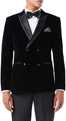 Men’s Velvet Double Breasted Tuxedo Suit Jacket Smoking Dinner Blazer Retro Classic Tailored Fit (40, Black)