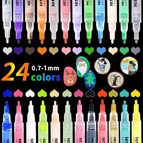 LETO Acrylstifte für Steine Wasserfest,24 Farben porzellanfarbe stifte,Multimarker Stifte Glasmalstifte für Papier, Leinwand, Holz, Glasmalerei, Keramik, Basteln(0.7mm Spitze)