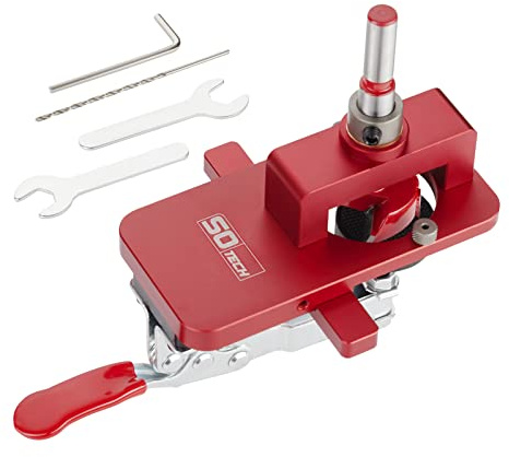 SOTECH Alu Präzisions-Bohrlehre BS-35-T48 mit kugelgelagerter Führung | inkl. Anschlagblock verstellbar und Tiefenstopp für Topfband mit Topf-Ø 35 mm und Bohrlochabstand 48 mm